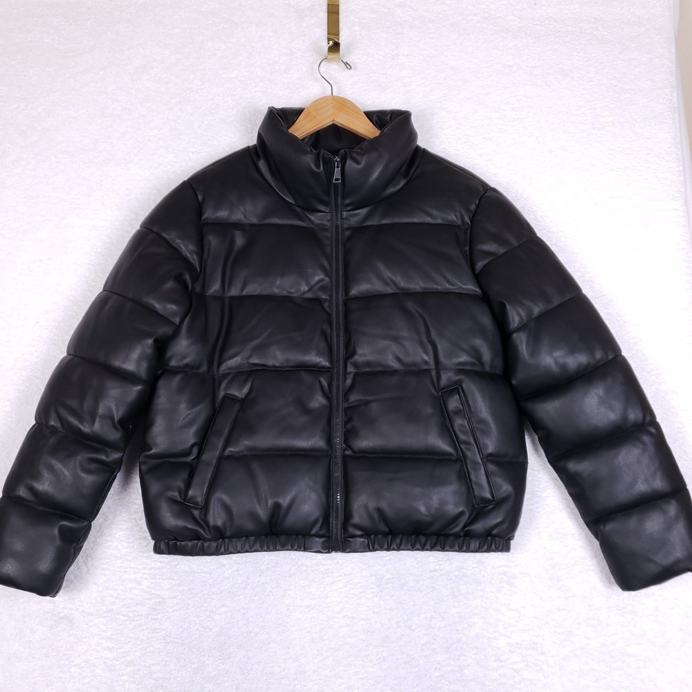 Sebby Collection Puffer Jacket‎ L Faux Leather Black Full Zip Quilted Padded